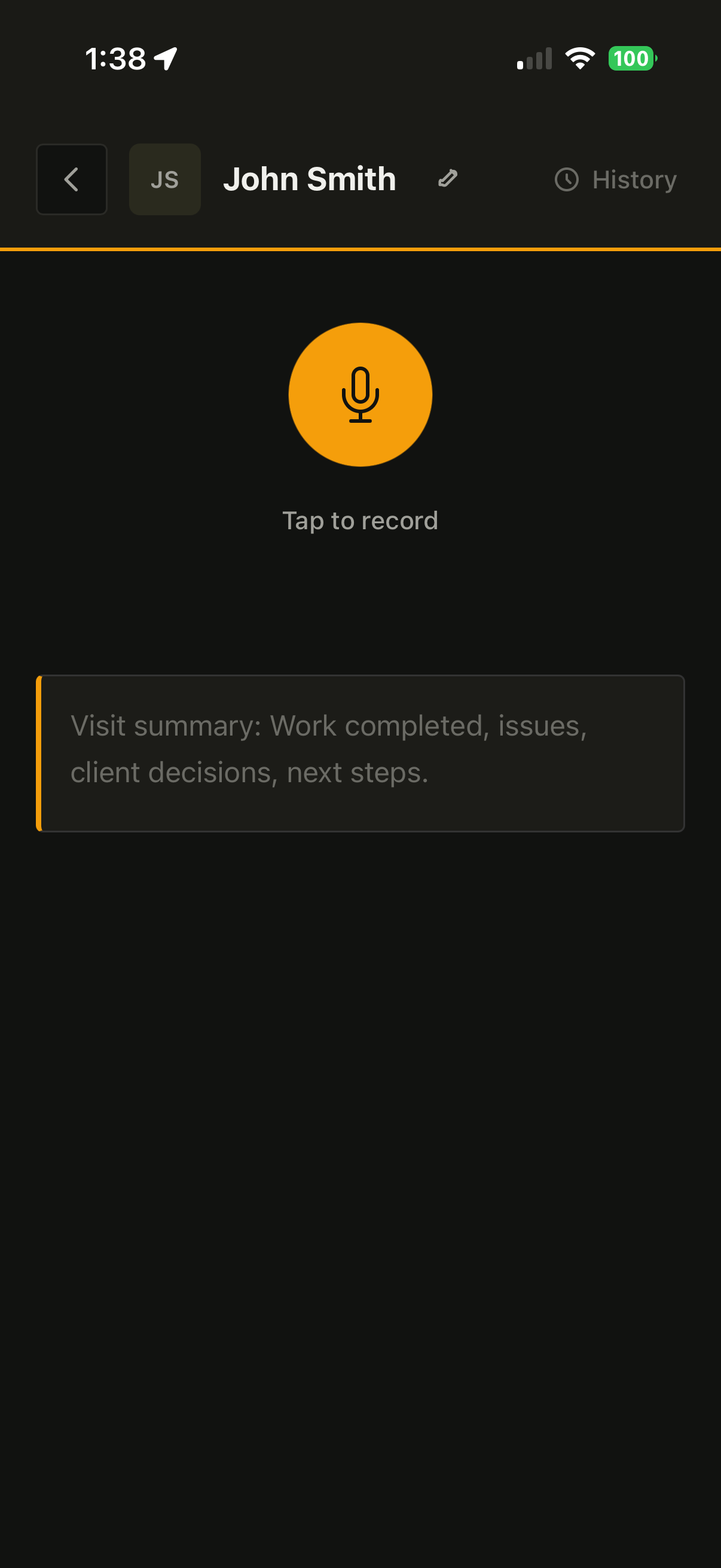 CrewNote capture screen with microphone