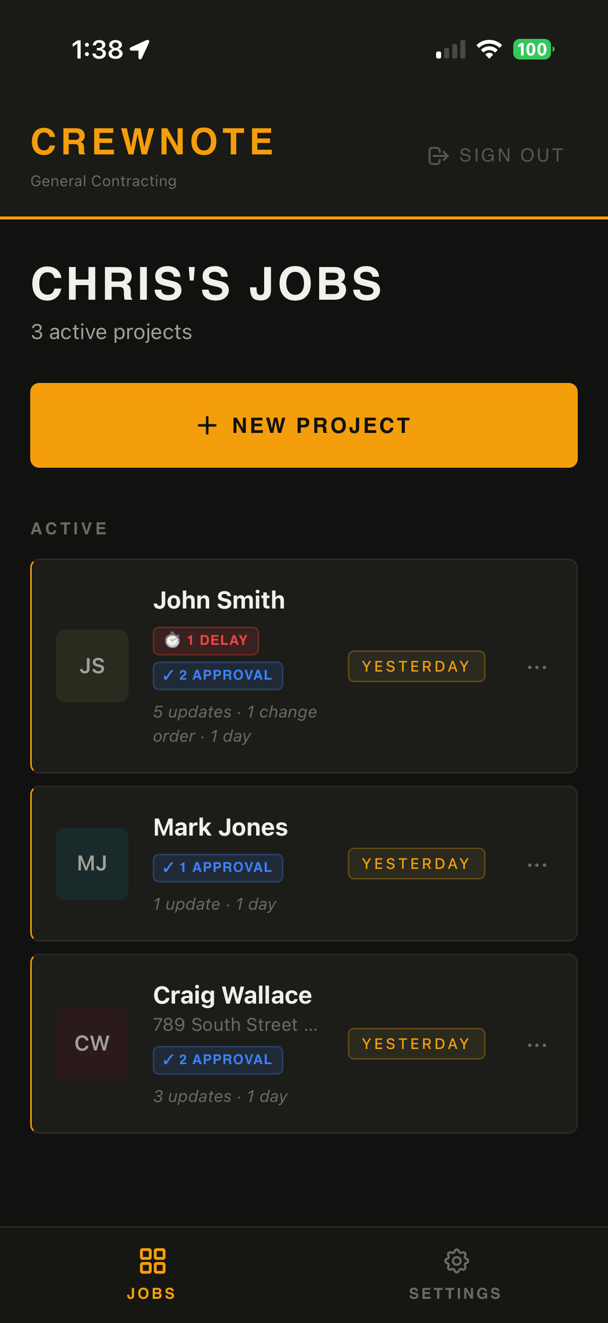 CrewNote dashboard with active jobs